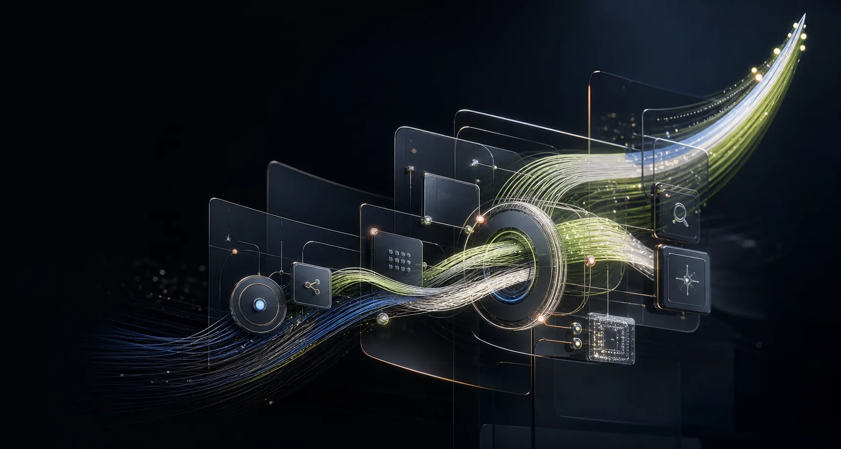 Connected signal paths flowing through layered glass interface panels